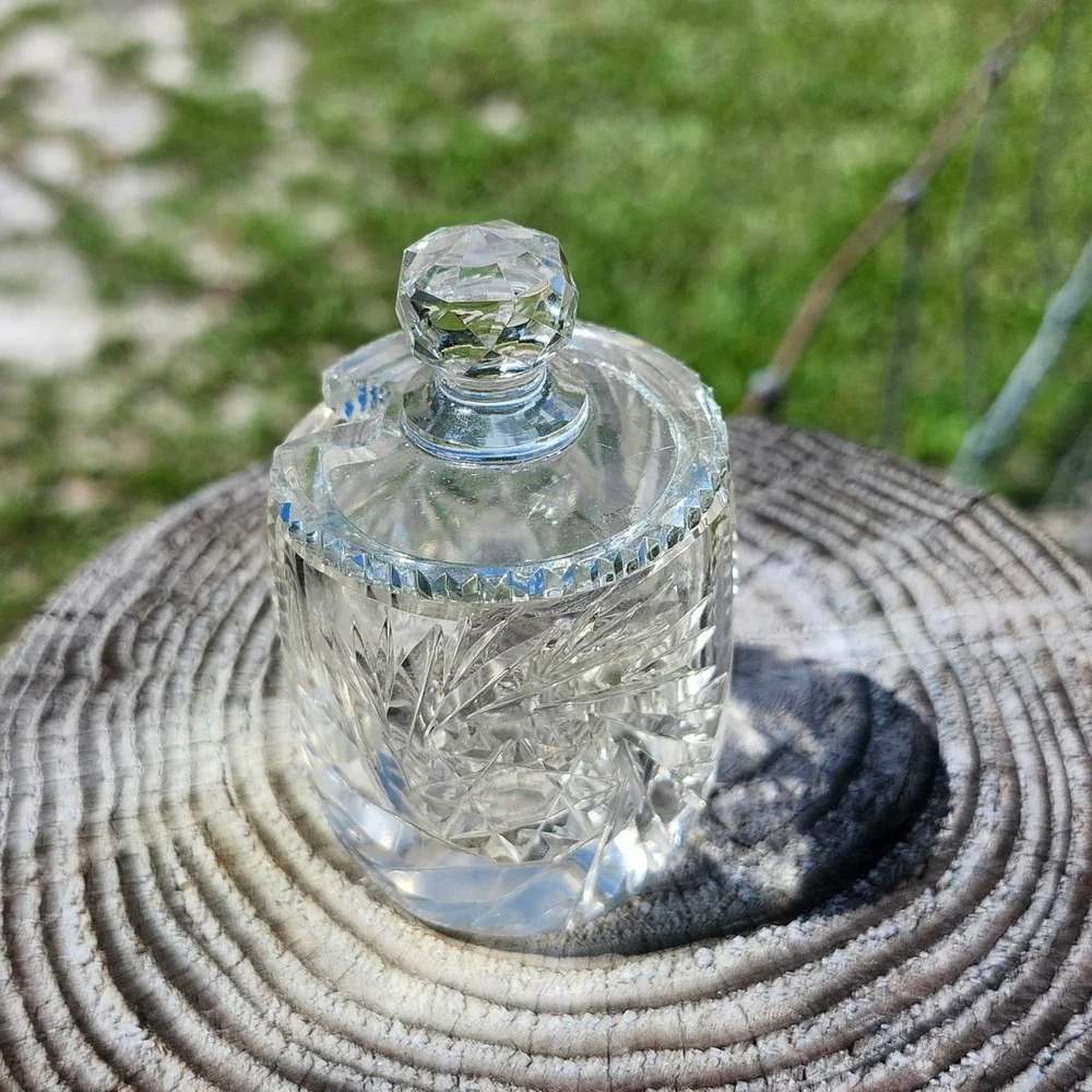 Antique ABP Cut Glass Condiment Salts Cellar Mustard Pot Jar Lid Starburst